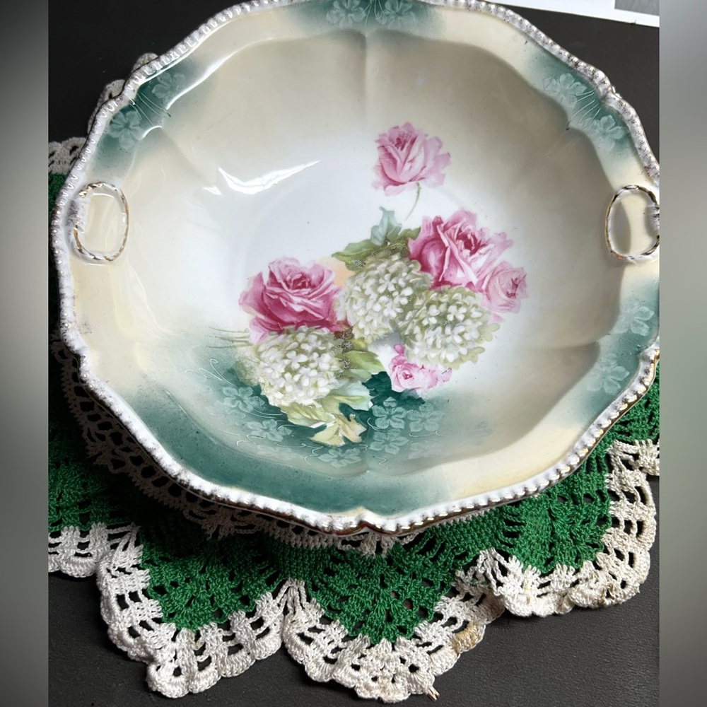 Vintage RARE Prussia Red Mark Oval Serving Bowl With Roses & Snowballs!!